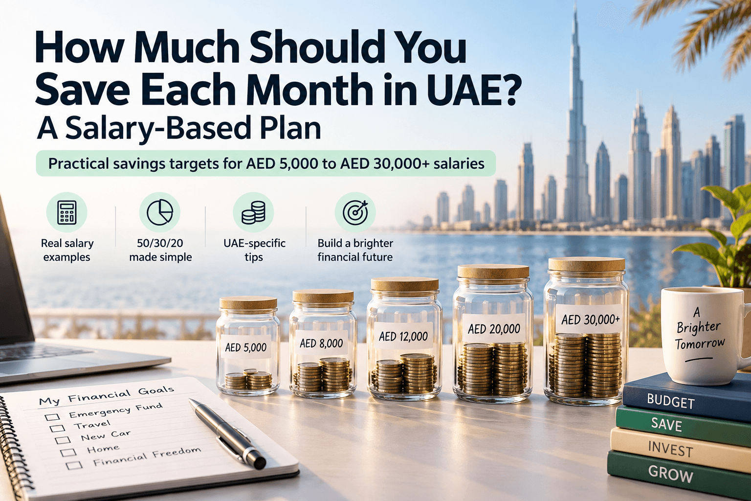 UAE monthly savings plan by salary, from AED 5,000 to AED 30,000 plus