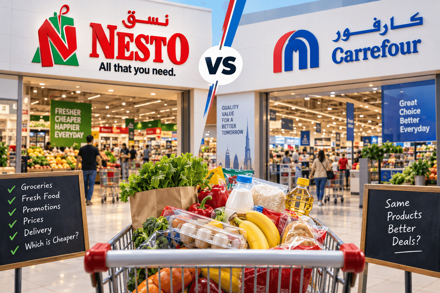 Nesto vs Carrefour UAE supermarket comparison featuring a grocery cart filled with fresh produce, pantry staples and househol