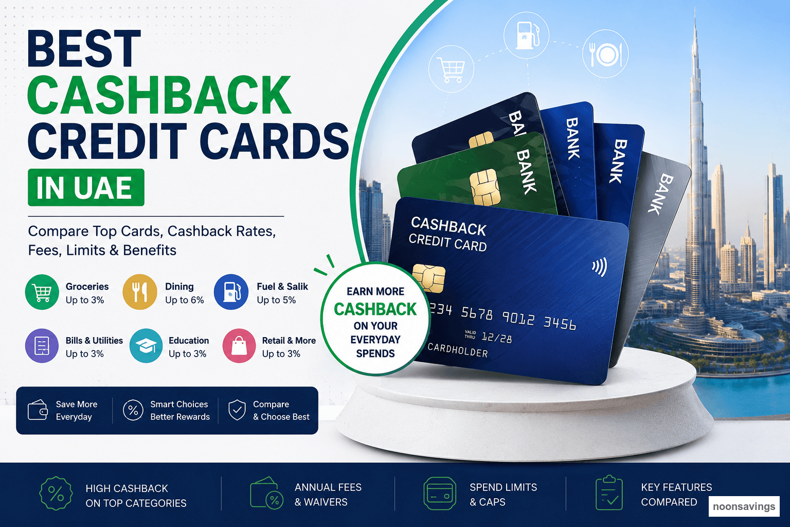 Comparison of UAE cashback credit cards for groceries, dining, fuel and everyday spending