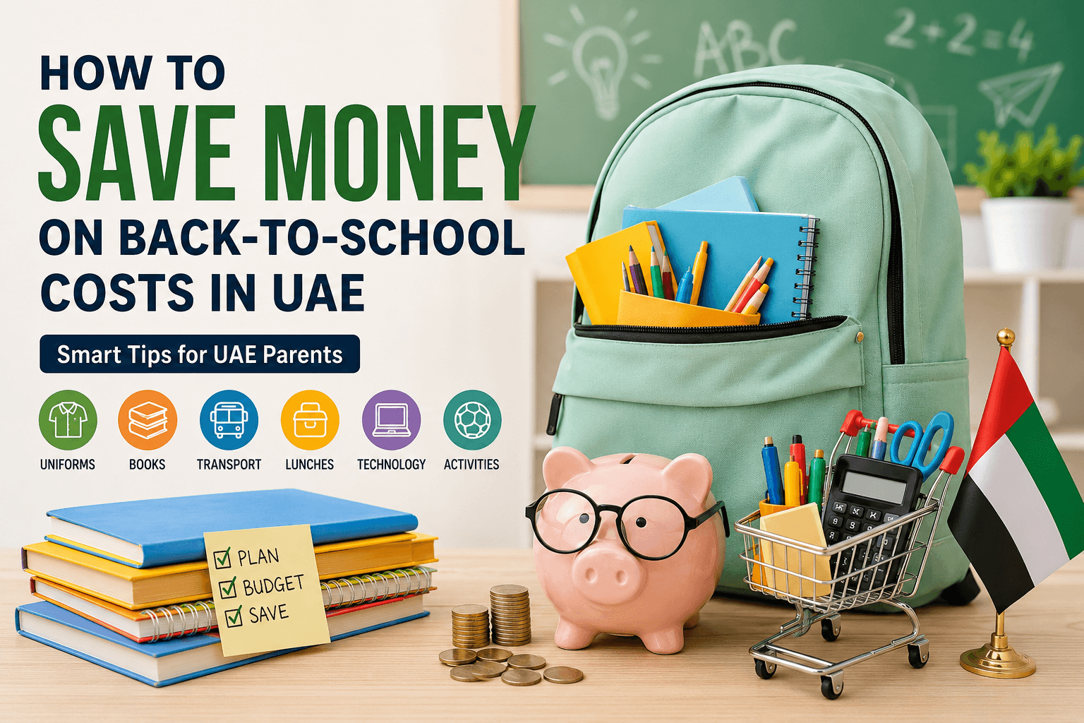 Parent planning a UAE back-to-school budget with uniforms, books and stationery
